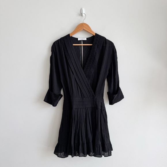 SANDRO • OBI Wrap-Effect Checked Voile Mini Dress in Black - Picture 4 of 16